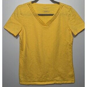 Talbots Tee Womens Small Yellow Cotton Short Sleeve Top V-Neck Detail Pullover